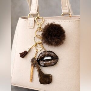 Brown Lips Phone Charm & Bag Charm Gold Heel Glam Keychain